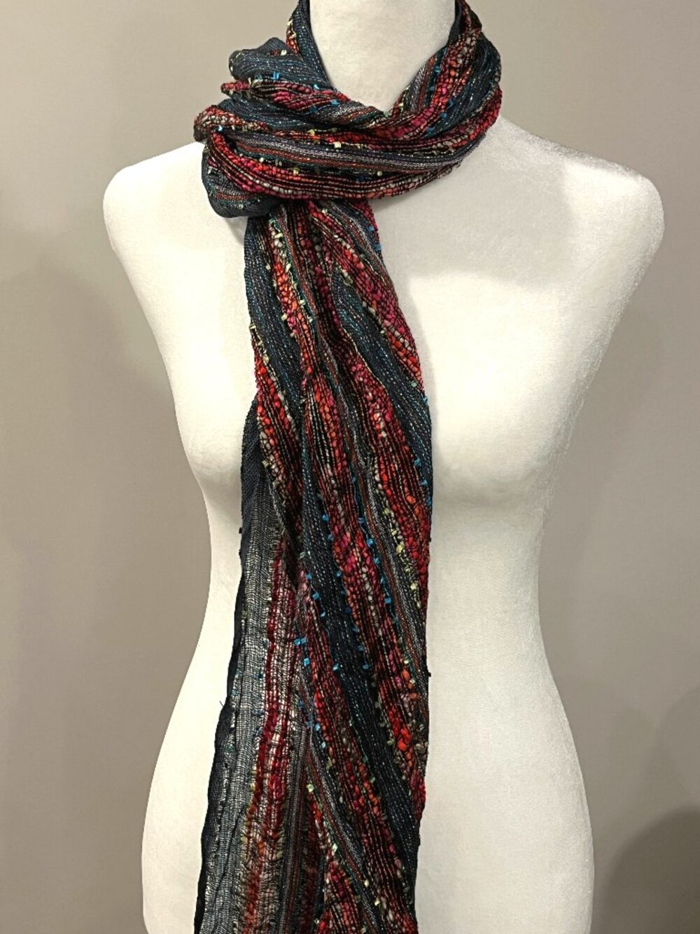 Vintage Whimsygoth Y2K Metallic‎ Cottagecore Ribbon Knit Mesh Scarf Fringed - Picture 2 of 2
